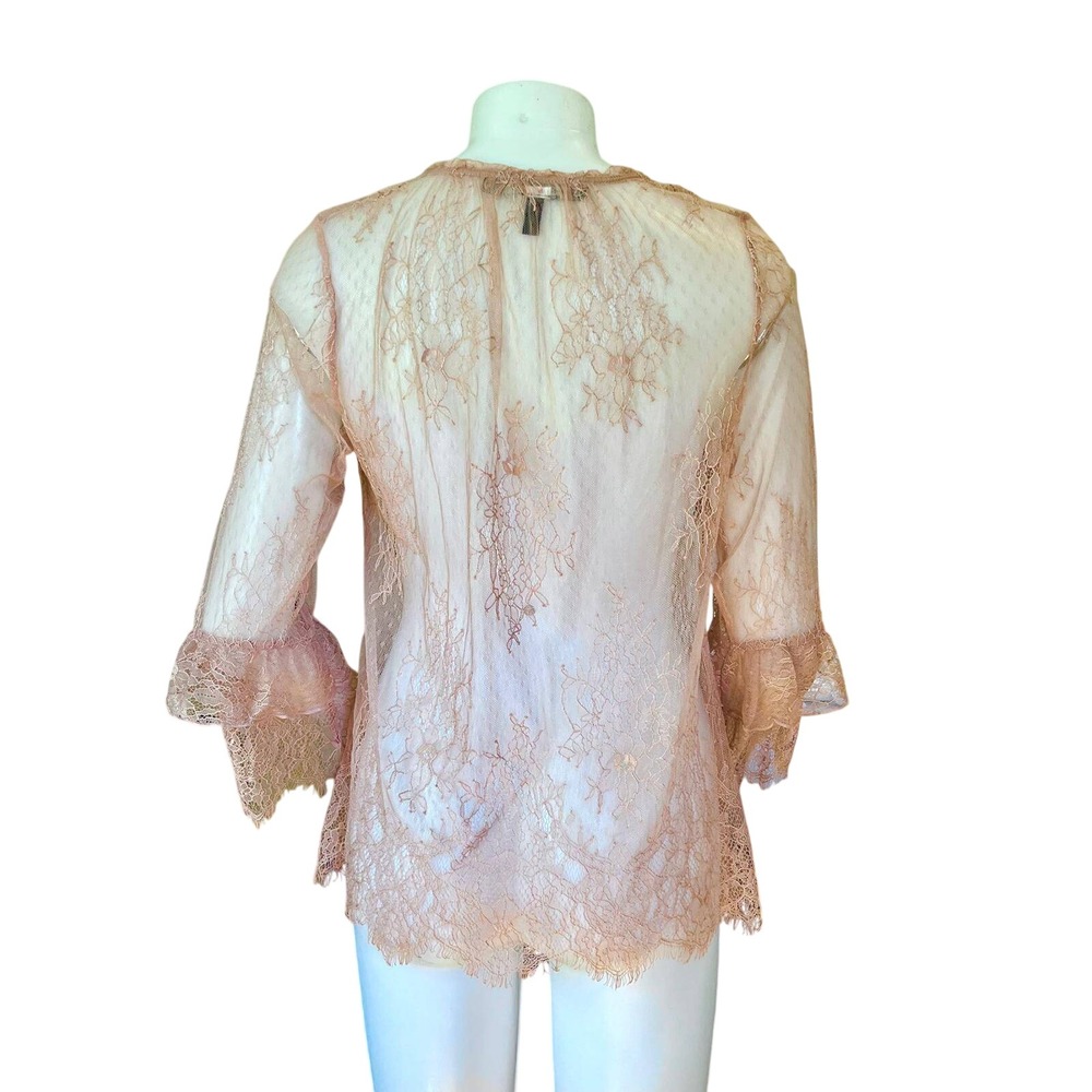 WHBM Pink Floral Lace Top Eyelash Trim Ruffle Sleeve Medium Romantic Fairy Boho - Picture 7 of 7